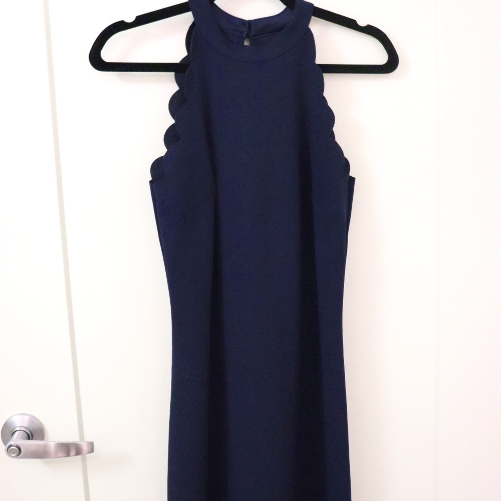 Navy Scalloped Halter Sleeveless Mini Dress